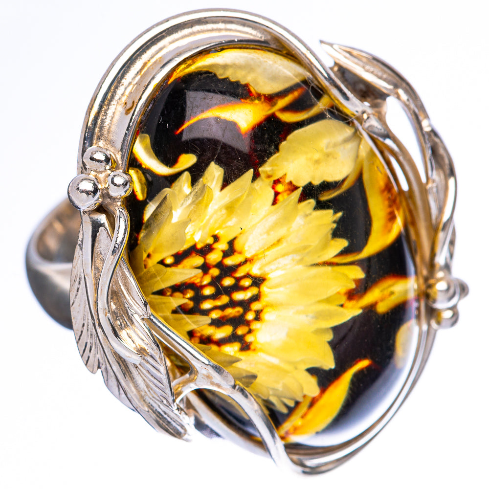 Amber Intaglio SunFlower Ring Size 6 Adjustable (925 Sterling Silver) R3810