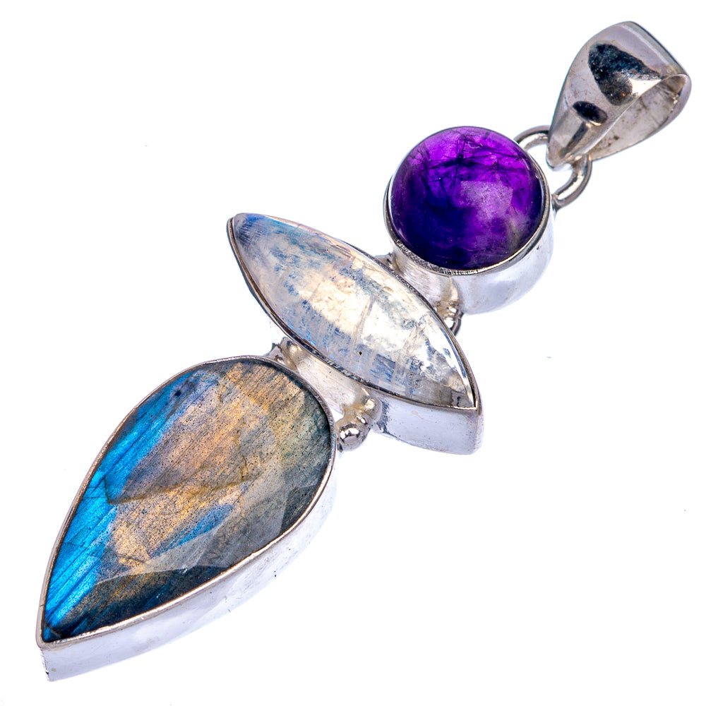 925 sterling silver pendant with amethyst, labradorite, and iridescent moonstone