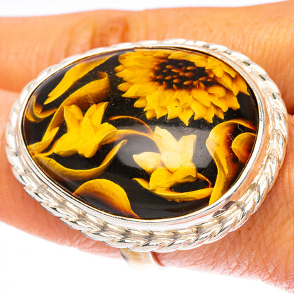 925 sterling silver oval amber intaglio ring, black base with yellow sunflower and floral swirls
