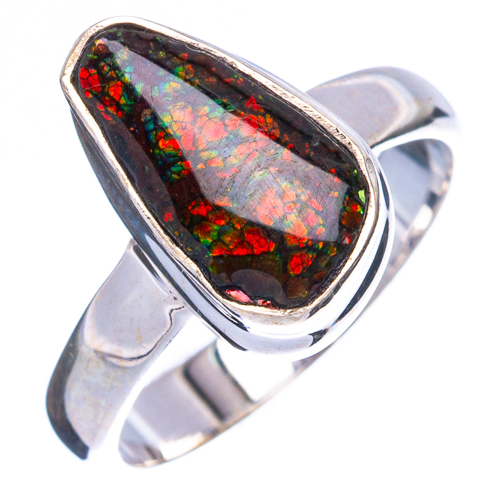 Oval ammolite ring in 925 sterling silver, size 6, iridescent red-green stone in silver bezel