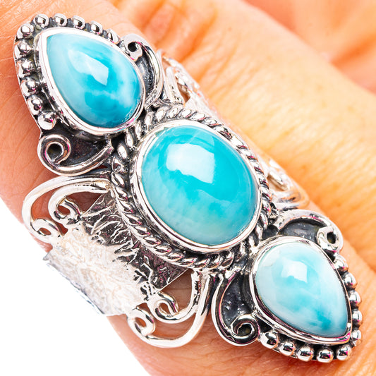 Turquoise larimar oval-stone sterling silver ring with ornate bezel settings, size 7.5