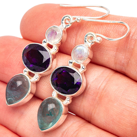 Faceted Amethyst, Apatite, Rainbow Moonstone 925 Sterling Silver Earrings 1 3/4" (925 Sterling Silver) E2201