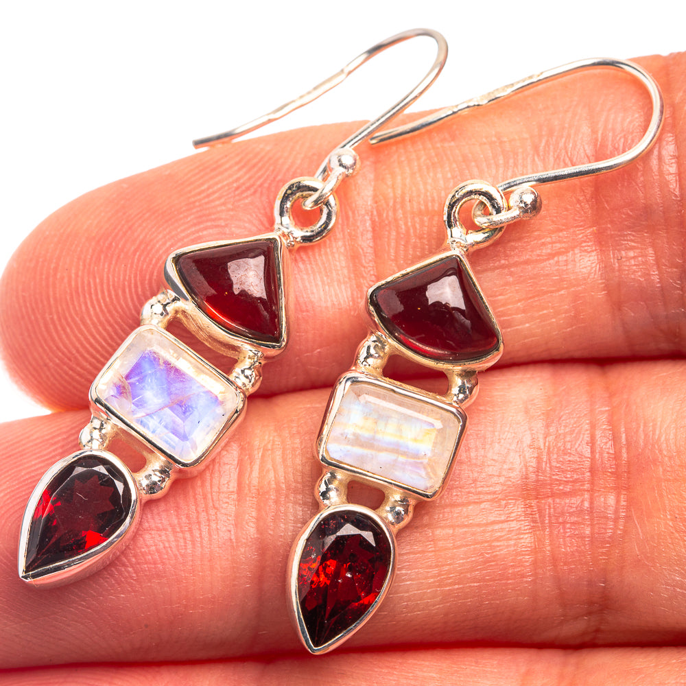 Rainbow Moonstone, Garnet Earrings 1 5/8" (925 Sterling Silver) E432394