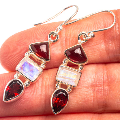 Rainbow Moonstone, Garnet Earrings 1 5/8" (925 Sterling Silver) E432394