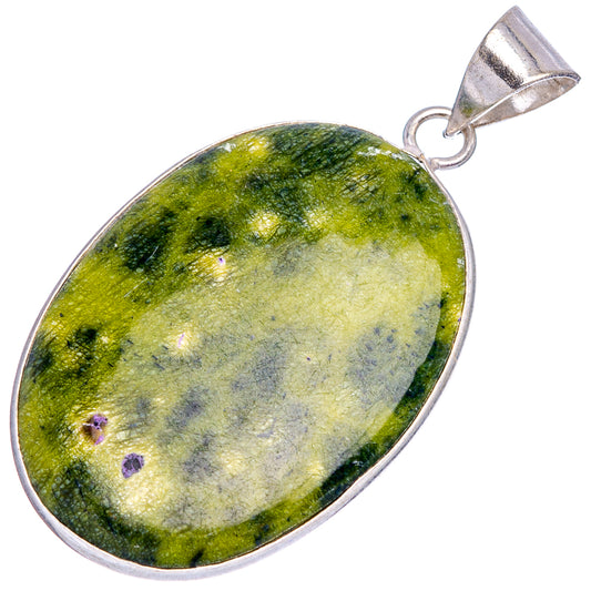 Oval green gemstone pendant with silver-plated bezel, open bail attachment on back.