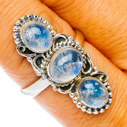 Sterling silver triple moonstone ring with three oval-blue cabochons, size 7.75