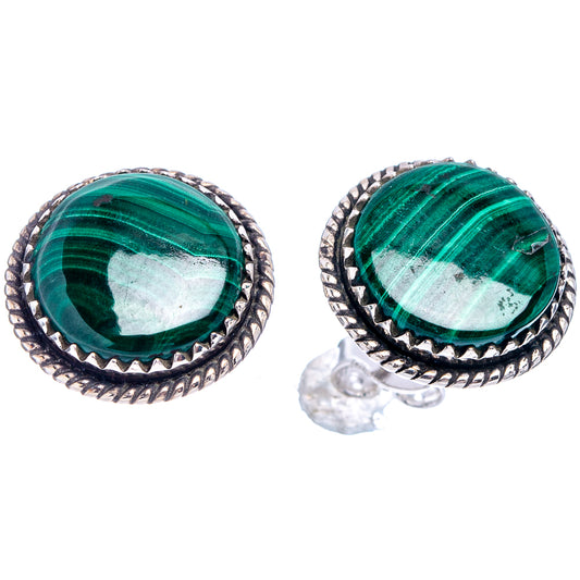 Round malachite earrings in .925 sterling silver with green striped cabochons, bezel edge