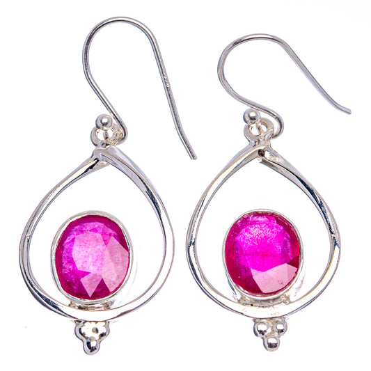 Teardrop sterling silver earrings with bright pink-red round gemstones and hook backs