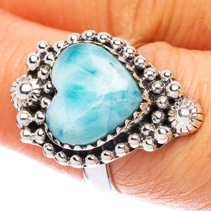 Larimar heart ring in 925 sterling silver, oval blue gemstone in ornate bead frame