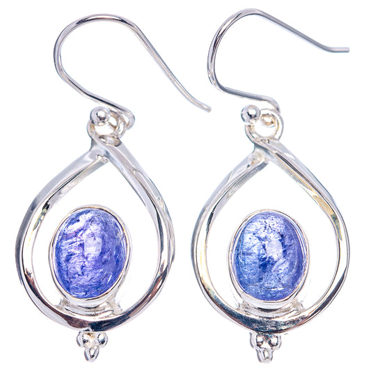 Sterling silver teardrop hook earrings with blue oval gemstone in openwork frames