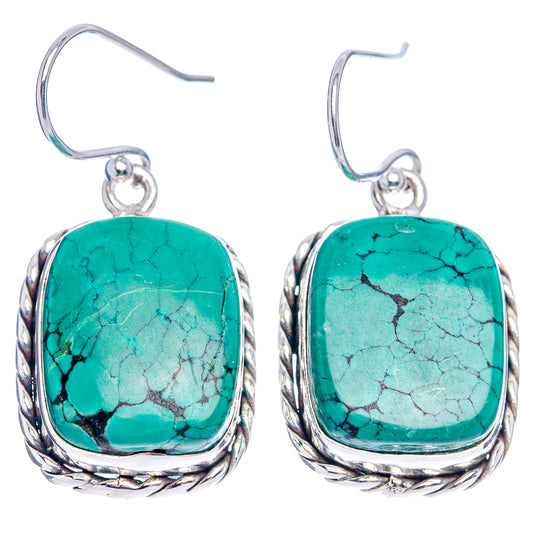 Turquoise stone dangle earrings, .925 sterling silver oval frames with wire hooks