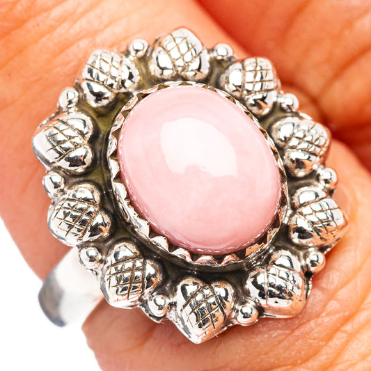 Pink oval opal cabochon ring, .925 sterling silver with textured beaded edge