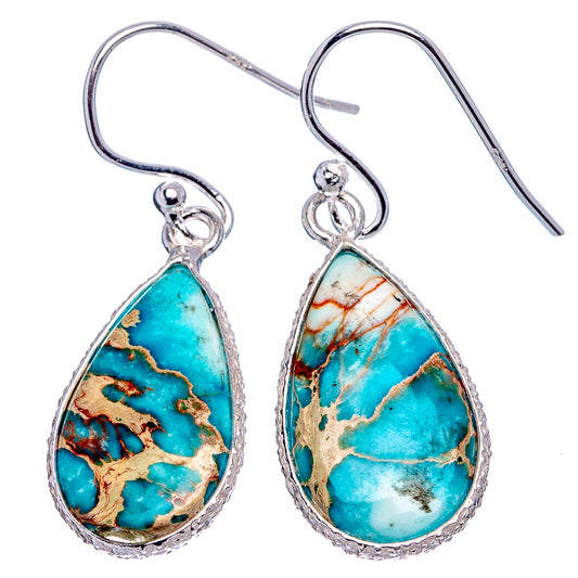 Sterling silver teardrop earrings with blue turquoise jasper, marbled pattern and hook backs