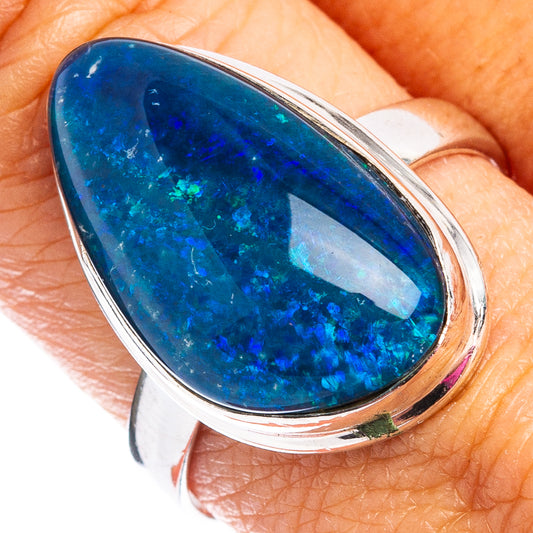 Sterling silver opal triplet ring with oval blue gemstone, size 8.75