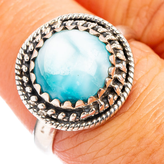 Sterling silver larimar ring with oval turquoise stone and ornate rope bezel