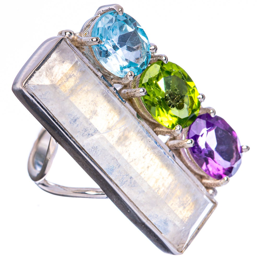 Sterling silver oval-stone ring with blue, green, and purple gems and rectangular centerpiece