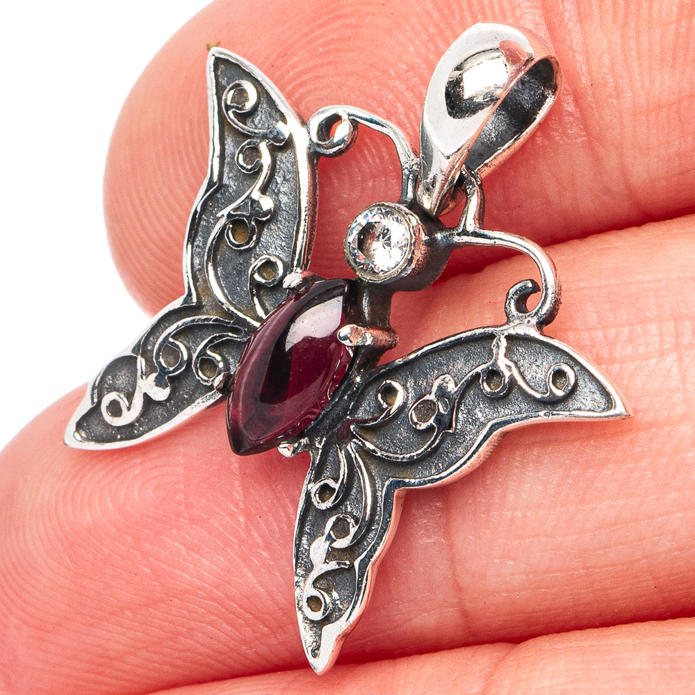 Dainty Garnet, White Quartz Butterfly Pendant 1" (925 Sterling Silver) P45364