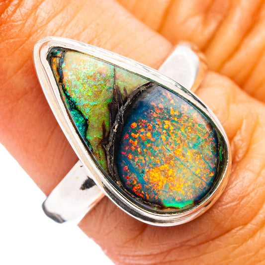 Sterling silver teardrop opal cabochon ring with multicolor gemstone detail