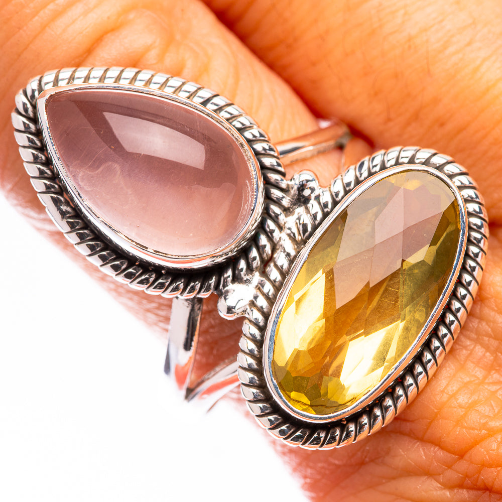 Large Rose Quartz, Lemon Quartz Ring Size 10.75 (925 Sterling Silver) R140801