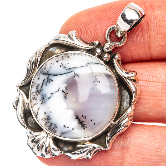 Round dendritic agate pendant in polished .925 sterling silver bezel, on bail