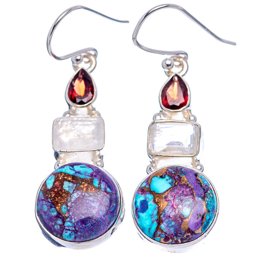 Sterling silver drop earrings: red teardrop top, pale square middle, purple-blue oval bottom