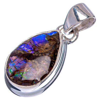 Sterling silver teardrop ammolite pendant with blue and green rainbow glow