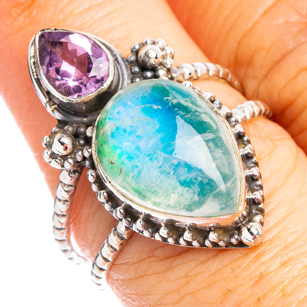 Green Moonstone, Amethyst Ring Size 7.75 (.925 Sterling Silver)