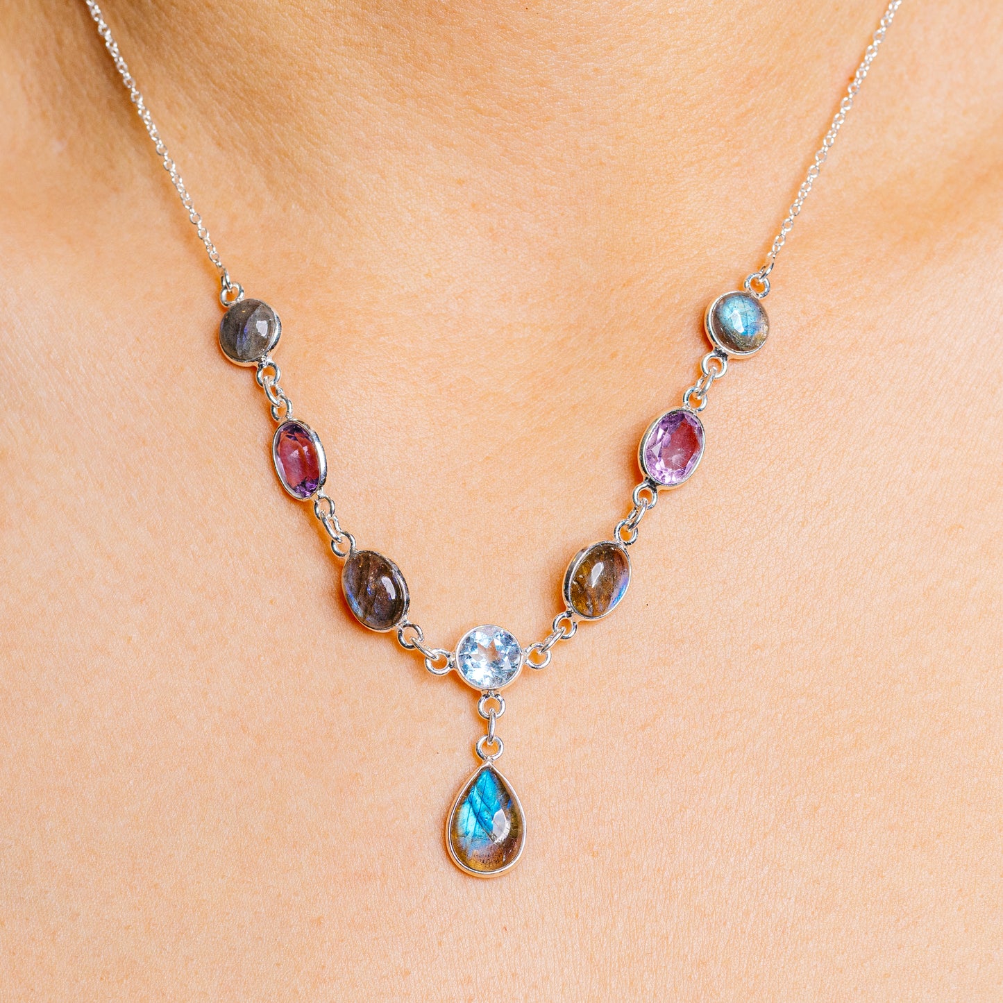 Labradorite, Blue Topaz, Amethyst Necklace 16  to 17" (.925 Sterling Silver)