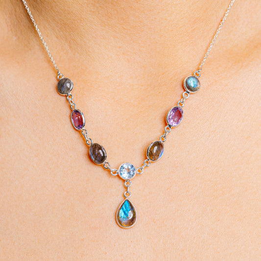 925 sterling silver gemstone necklace with oval labradorite, amethyst and blue topaz, teardrop pendant