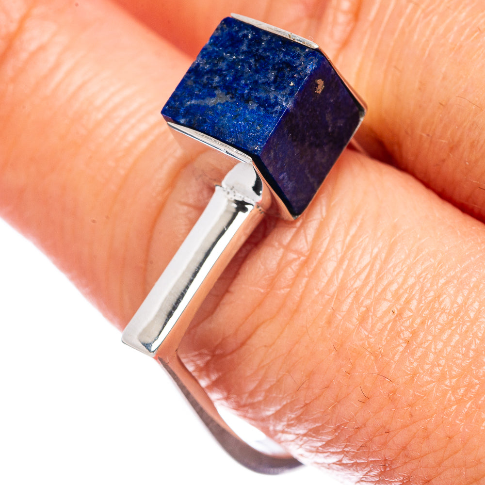 Sterling silver ring with square lapis lazuli gemstone set on a slim open band