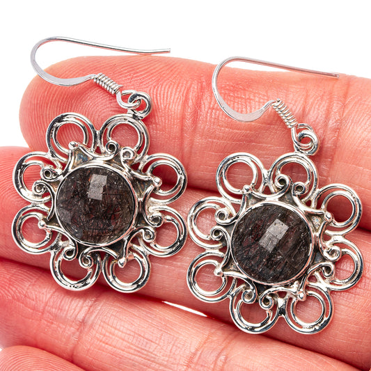 925 sterling silver tourmalinated quartz earrings with round ornate filigree and fishhook backs
