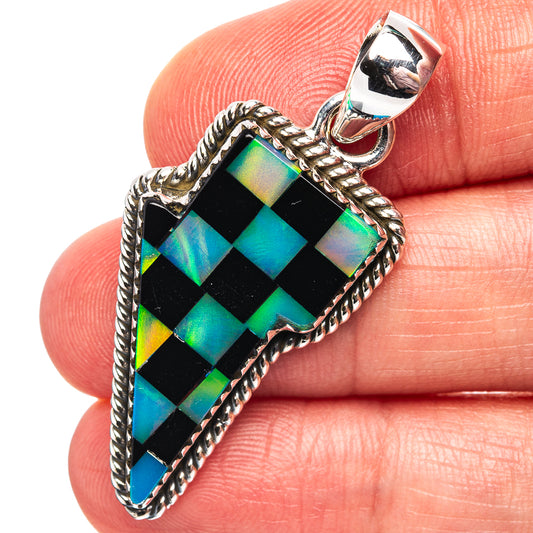 Opal lightning bolt pendant in 925 sterling silver, checkerboard black and multicolor