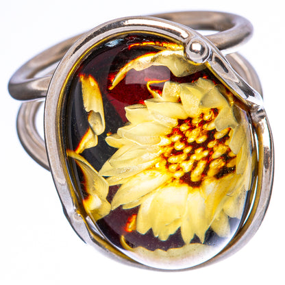 Amber Intaglio Sunflower Ring Size 7 Adjustable (925 Sterling Silver) R3806