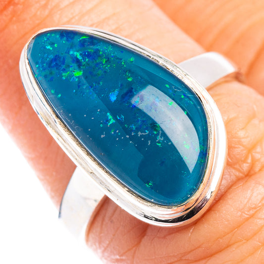 Sterling silver opal ring with oval blue-green gemstone cabochon, size 6.75