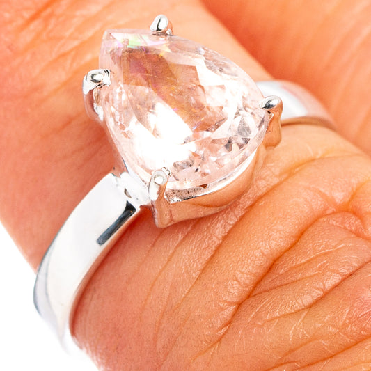 Sterling silver ring with large light pink pear-cut morganite in four-prong setting