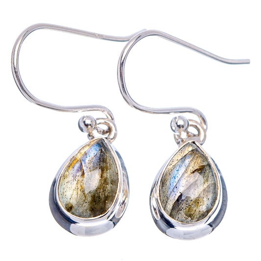 Pear-shaped labradorite drop earrings in .925 sterling silver, reflective blue and gold tones