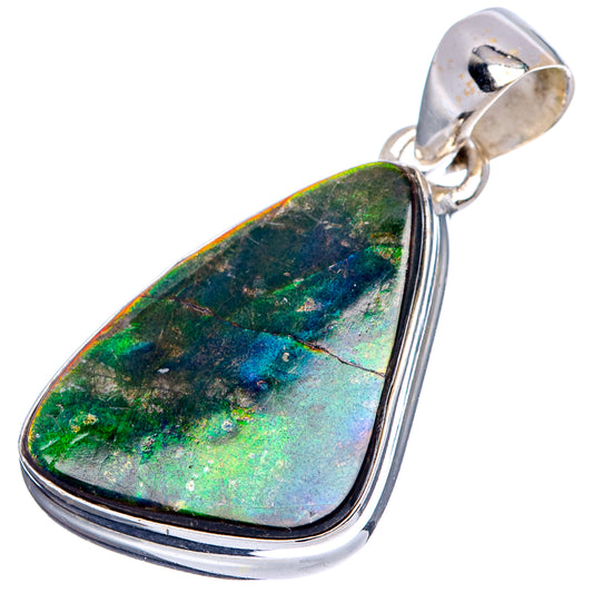 Sterling silver ammolite pendant with large teardrop iridescent green-blue gemstone