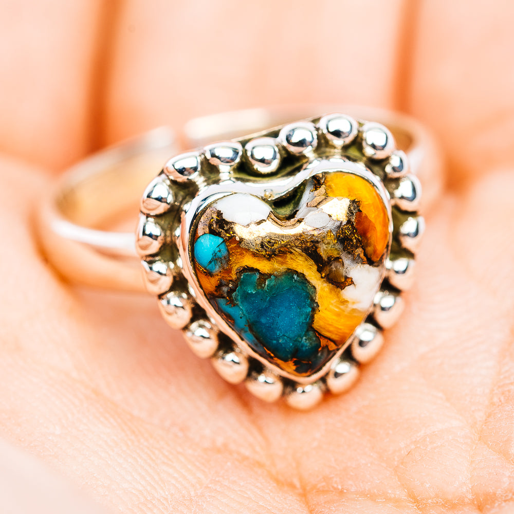 Southwestern Style Spiny Oyster Turquoise Heart Ring Size 8 Adjustable (.925 Sterling Silver)