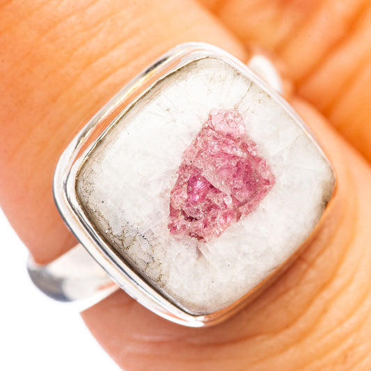 Pink tourmaline in quartz ring with .925 sterling silver square setting and pink crystal