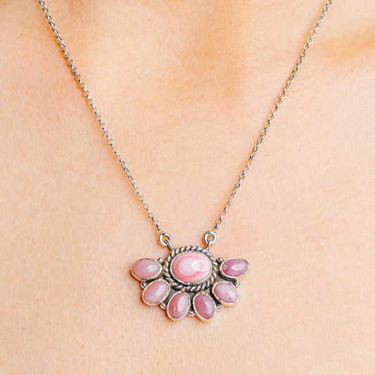 Pink conch shell pendant necklace with .925 sterling silver chain, pink stones, 16–17 in