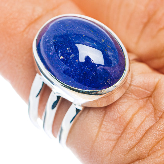 Sterling silver oval tanzanite cabochon ring with blue gemstone face