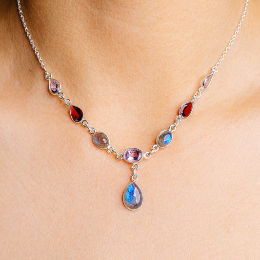 925 sterling silver necklace with teardrop pendant and multicolor oval gemstones
