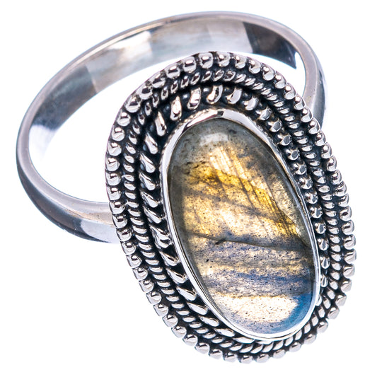 Sterling silver labradorite oval ring with ridged border and wide band