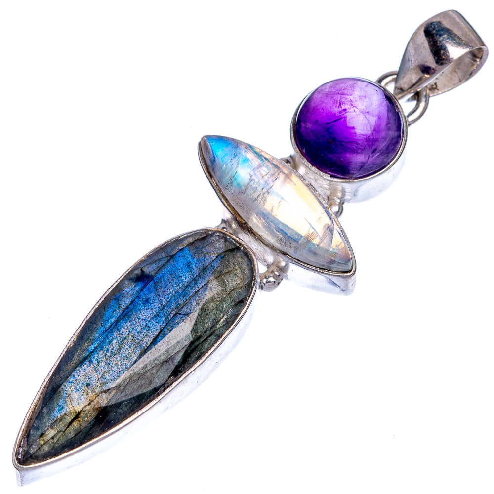 Three-stone sterling silver pendant with amethyst purple, blue labradorite, iridescent moonstone