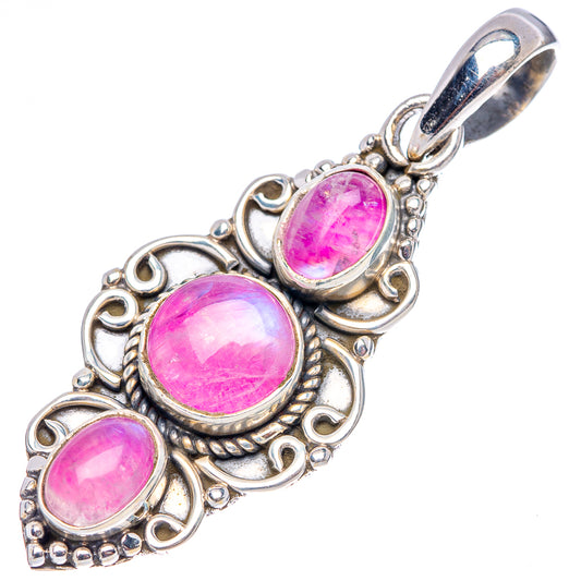 Sterling silver .925 pendant with three oval pink moonstone cabochons and ornate scrollwork