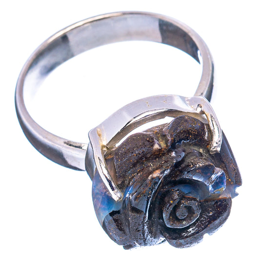 Sterling silver rose opal ring, dark stone with blue flashes, side view