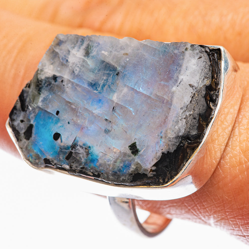 Large Raw Rainbow Moonstone Ring Size 10.5 (925 Sterling Silver) R142327