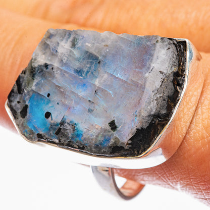 Large Raw Rainbow Moonstone Ring Size 10.5 (925 Sterling Silver) R142327