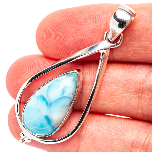 Larimar teardrop pendant in .925 sterling silver, oval blue stone bezel, bail loop