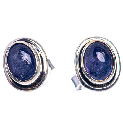 Oval tanzanite stud earrings, 925 sterling silver double bezel rings